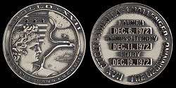  Apollo 17 mission emblem and crew names (front). Dates (launch, lunar landing, and return) and landing site (back)