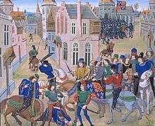Picture from an illuminated manuscript showing a townscape with a group of horsemen, some wielding swords and one man driving a sword through the head of a prostrate man. In the background there is an army of armoured soldiers.