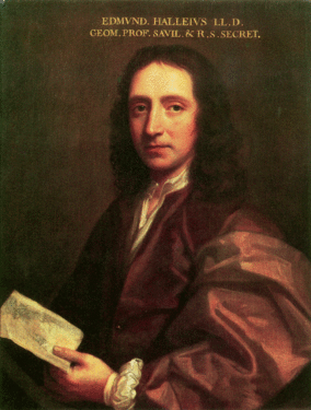 A middle-aged man in robes, holding a piece of paper in his left hand. At the top of the painting, the caption reads "EDMVND HALLEIVS LL.D. GEOM. PROF. SAVIL. & R. S. SECRET."