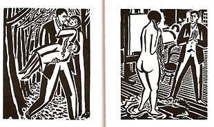 Two panels from wordless novel. On the left, a man carries a woman through the woods. On the right, a man looks at a nude in a studio.
