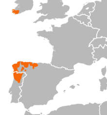 A map of part of Western Europe with southwestern Ireland, parts of northwestern Spain and part of northern Portugal marked in red.