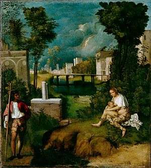 Painting of a mother feeding her child, watched by a shepherd, with lightning flashing across a dark sky in the background