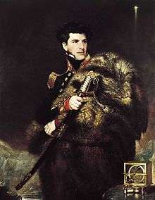 A man in a heavily embroidered uniform looks right, graping a large sword. A navigational instrument stands on a table, lower right.
