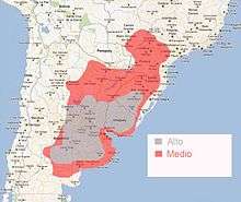 Map showing the location of the South American Tornado Alley. Most this occurs in the eastern parts of the country. Areas in gray have a high risk of tornadoes; areas in red have a moderate risk.