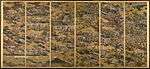 A six section folding screen depicting a large number of buildings, people and trees on a gold background. The various elements are disconnected by the gold background which covers the scene like fog.